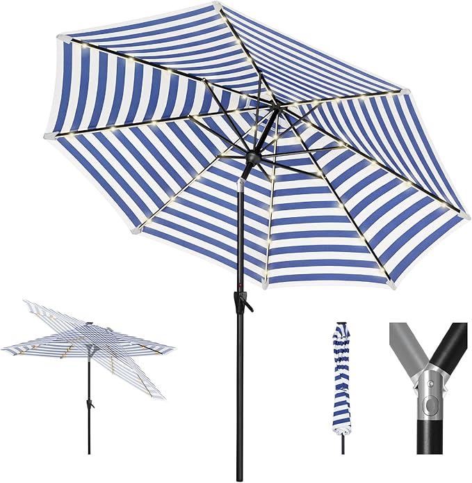 Tempera Solar Patio Umbrella 40 LED Lighted Outdoor Umbrella Table Market Umbrella with Push Button Tilt and Crank, Solar Umbrella with Sturdy Pole&Fade Resistant Canopy, Easy to Set