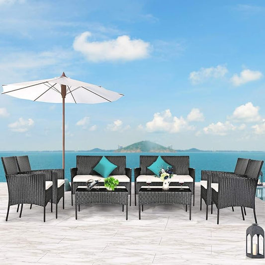 Tangkula 8 Piece Patio Furniture Set, Outdoor Wicker Conversation Set with Tempered Glass Coffee Table, Rattan Loveseat & Chairs Set with Seat Cushions for Backyard, Garden, Poolside (2, Beige)