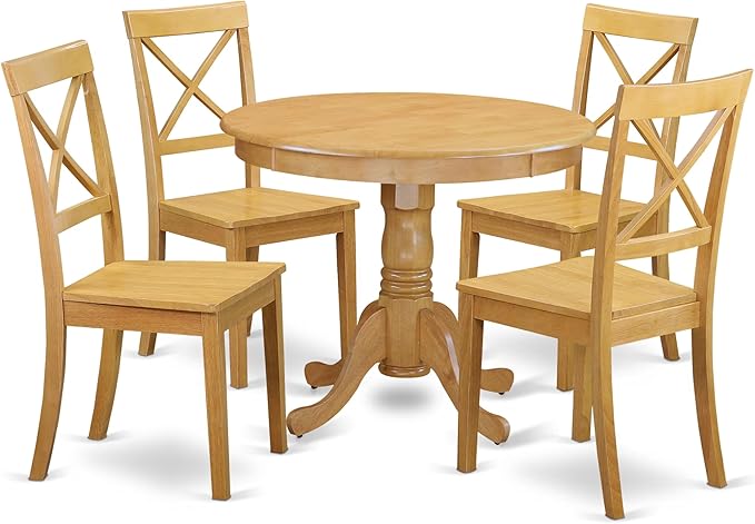 East West Furniture ANBO5-OAK-W 5 Piece Modern Dining Table Set Includes a Round Kitchen Table with Pedestal and 4 Dining Chairs, 36x36 Inch, Oak