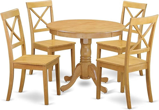 East West Furniture ANBO5-OAK-W 5 Piece Modern Dining Table Set Includes a Round Kitchen Table with Pedestal and 4 Dining Chairs, 36x36 Inch, Oak