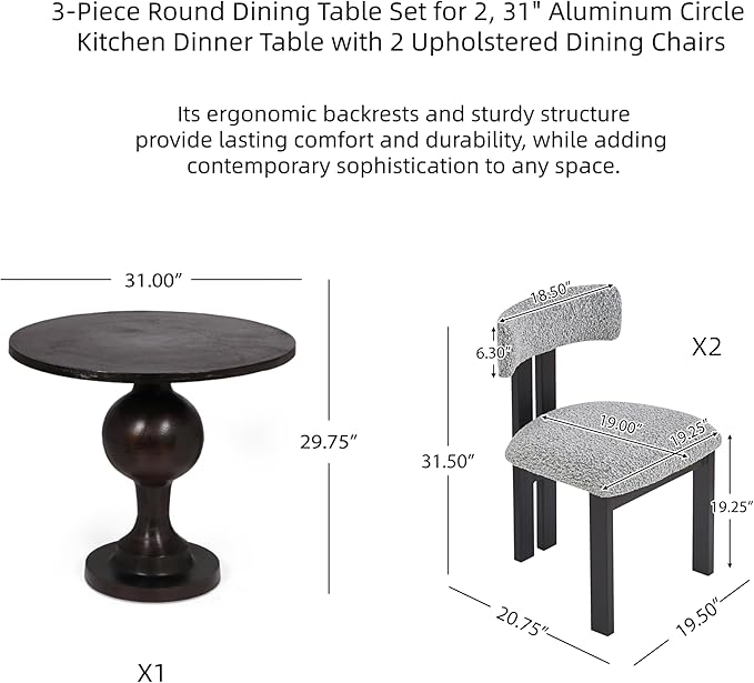 Merax 3-Piece Round Dining Table Set for 2, 31" Aluminum Circle Kitchen Dinner Table with 2 Upholstered Dining Chairs, Metal Legs, for Living Room Apartment Cafe Small Place, Black+White,Brown