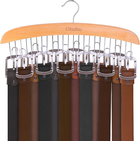 Belt Hanger Organizer for Closet: Ohuhu 12 Hooks Max 36 Belts Tie Rack Wooden Belt Holder for Storage 360 Degree Rotating Space Saver Organizer for Men Women Belt Tie Scarf Accessories-Burlywood