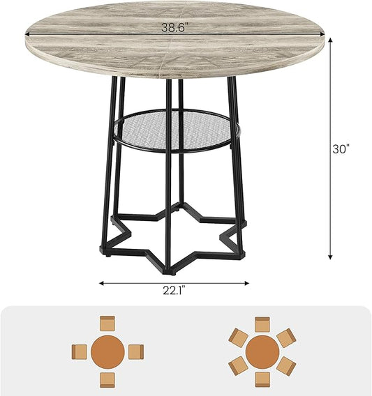 IDEALHOUSE Round Dining Table for 4, 38" Farmhouse Kitchen Table with 17.7" Storage, Small Circle Dinner Tables, Space Saving, Wood Kitchen & Dining Room Furniture for Dining Room, Apartmen, Grey