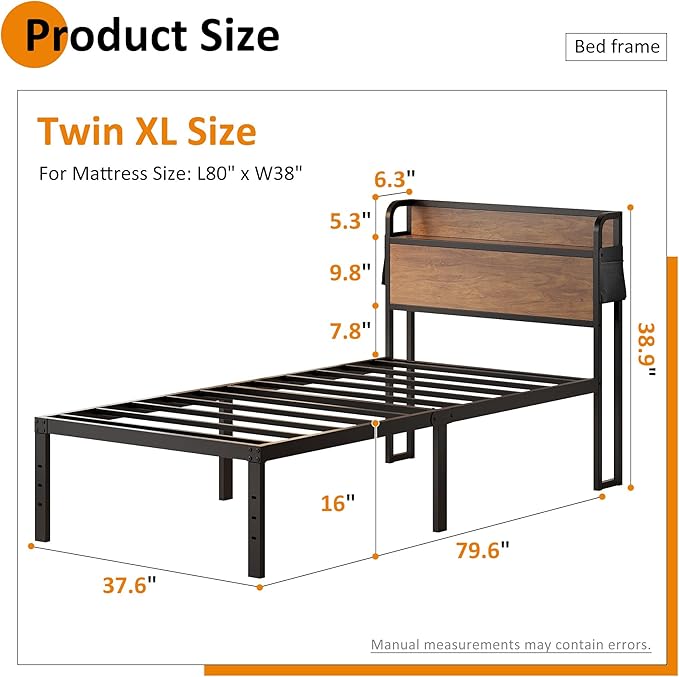 16 Inch Twin XL Bed Frames with Wood Headboard, Storage Bed Frame Twin XL No Box Spring Needed, Noise Free, Mahogany