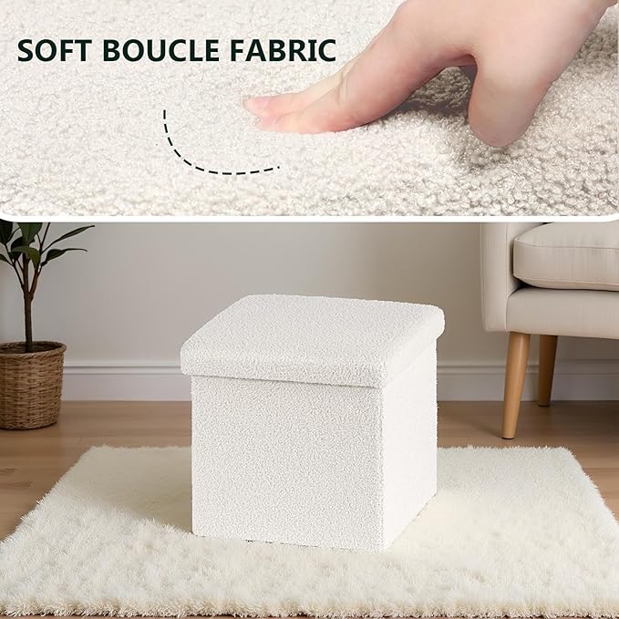 15 Inches Small Storage Ottoman - Square Ottoman with Sherpa Top,Storage Bench for Bedroom,15" L x 15" W x 15" H-White
