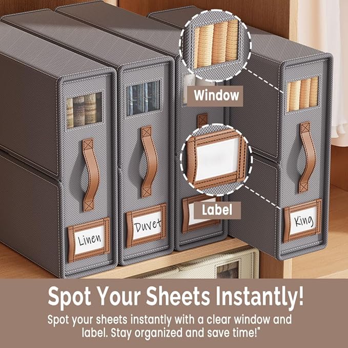 ARRAS 4 Pack Bed Sheet Organizers (King & Queen Size) I Foldable Storage With Window & Label ISheet Organizer For Linen Closet I Sheet Holder Bedding Organizer Storage For Blanket I Grey