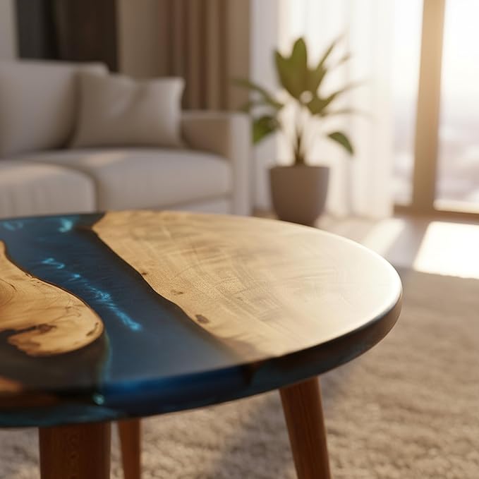 20" Resin Walnut Round Side Table | Epoxy End Table | Coffee Table | Mid Century Modern Resin Walnut | Living Room Furniture | Blue Color