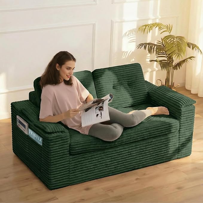 60in Loveseat Sofa, Boneless Cloud Couch Sofa for Living Room 2 Seater Modern Lounge Sleeper Couch with Removable Cover Corduroy with Armrest, Seat Cushion & Pillows for Small Spaces, Green