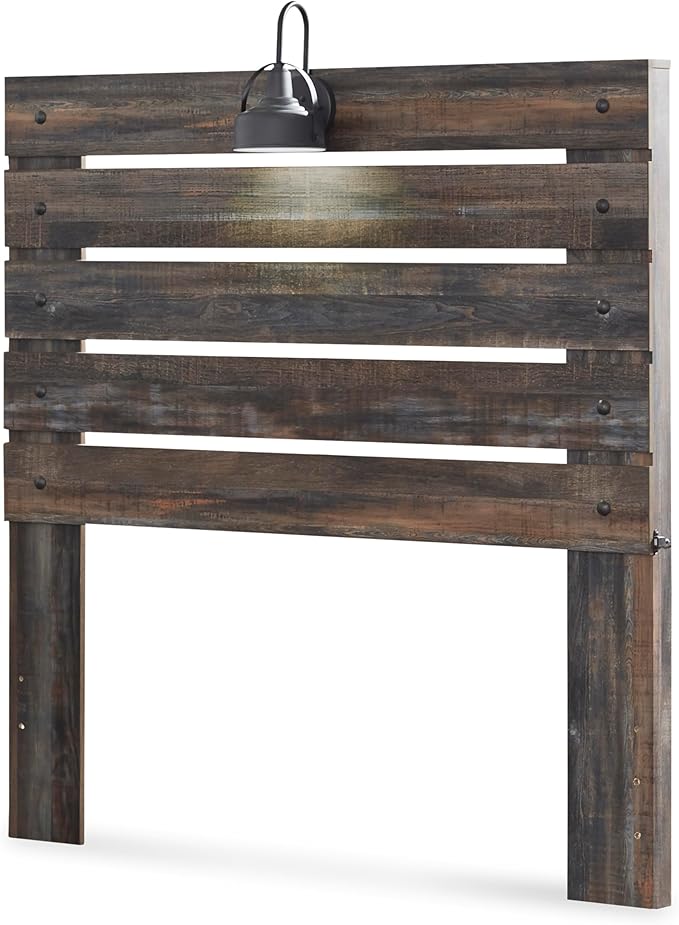 Signature Design by Ashley Drystan Rustic Full Panel Bed, Sconce LED Lights, USB Ports and Nailheads, Foundation or Box Spring Needed, Dark Brown & Gray