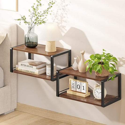 Floating Nightstand Set of 2, Wood Bedside Shelf Wall Mounted Nightstand with Heavy-Duty Frame, Floating Bedside Table for Bedroom, Bathroom, Kitchen, (Vintage Brown, 2 Pack)