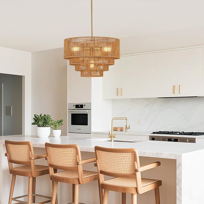 19.7" Boho Rattan Chandelier Light Fixture 4-Light Hand-Woven Bamboo Vintage Farmhouse Chandelier Drum Wicker Golden Chandeliers for Dining Room, Kitchen Island, Bedroom, Foyer