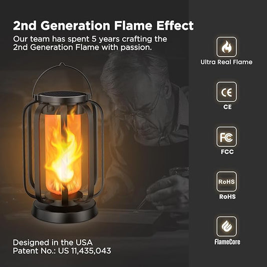 Hompavo Gen2 Solar Lanterns Outdoor Lights with Ultra-Real Flame, 2 Charging (USB/Solar) & 2 Modes - Waterproof Decorative Hanging/Table Lights for Pathway Yard Patio Garden Decor Gifts for Women, 4