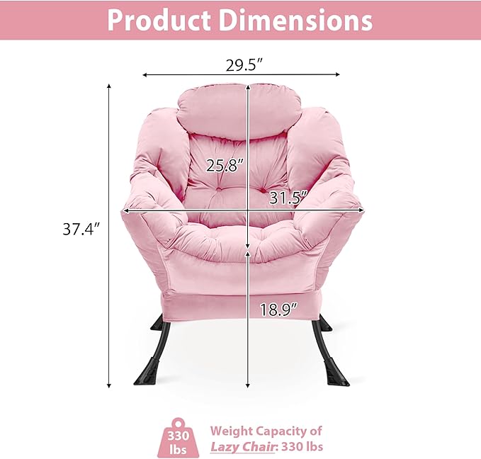 Lazy Chair Thick Padded, Comfy Velvet Accent Lounge Chair with Stable Frame, Leisure Sofa Armchair with Armrests and Side Pocket, Reading Chair for Bedroom, Living Room, Office, Pink