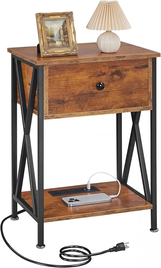 VECELO End Table with Charging Station, Night Stand with Drawers, 2-Tier Bedside Tables with USB Ports & Outlets, Side Table with Storage Shelf for Living Room/Bedroom, Rustic Brown