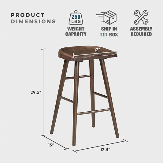 Lexicon Bar Height Stools Set of 2, Sturdy Acacia Wood Frame Saddle Seat Bar Chairs, Rustic Backless Kitchen Island Seating for Dining Room, Breakfast Nook, Brown