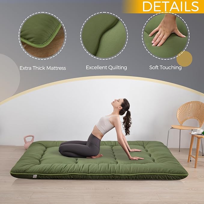 MAXYOYO 6" Extra Thick Japanese Floor Mattress Futon Mattress, Foldable Tatami Pad for Adults, Roll Up Floor Bed for Guest Room Bedroom RV, Green, Full