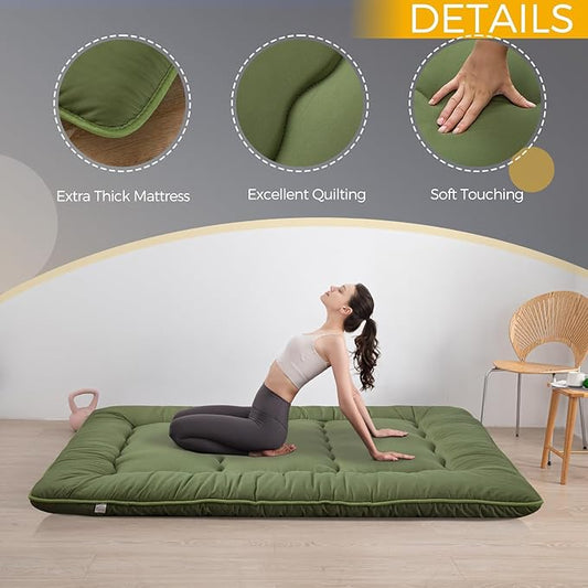 MAXYOYO 6" Extra Thick Japanese Floor Mattress Futon Mattress, Foldable Tatami Pad for Adults, Roll Up Floor Bed for Guest Room Bedroom RV, Green, Queen