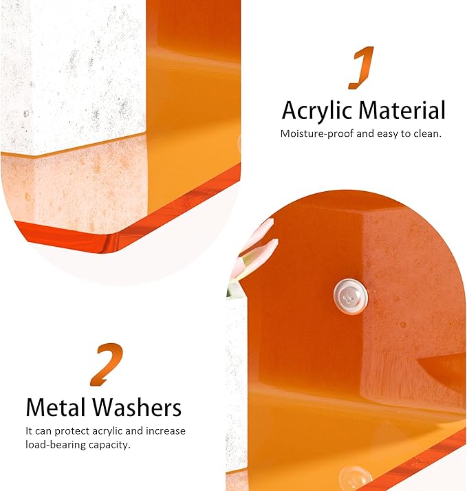 12 Inches Small Orange Wall Shelves Set of 2, Acrylic Floating Shelf for Bedroom, Living Room, Funko Pop Shelves, Smart Speaker, 2 Pack