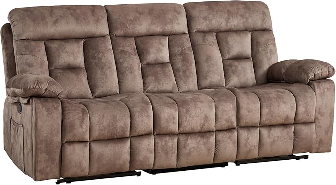 EBELLO Reclining Sofa for Living Room, Extra Wide Modern Overstuffed 3 Seat Recliner Manual Sofa with Hidden Armrest Cup Holders, Soft Breathable Fabric and Padded Seat, Brown