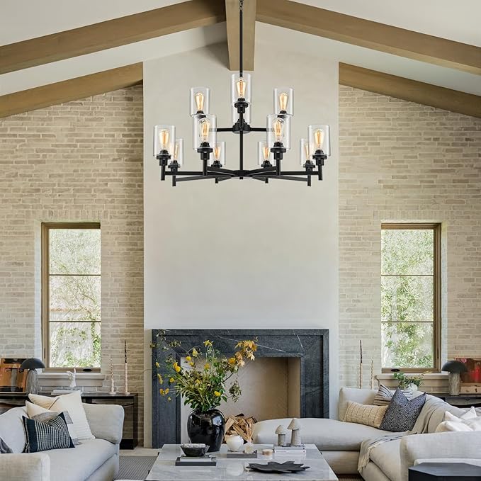 Black Chandelier for Living Room Light Fixture, Large Farmhouse Chandeliers with Clear Glass Shade, Industrial 2-Tier 12 Lights Hanging Lighting for Dining Room Restaurant Villa