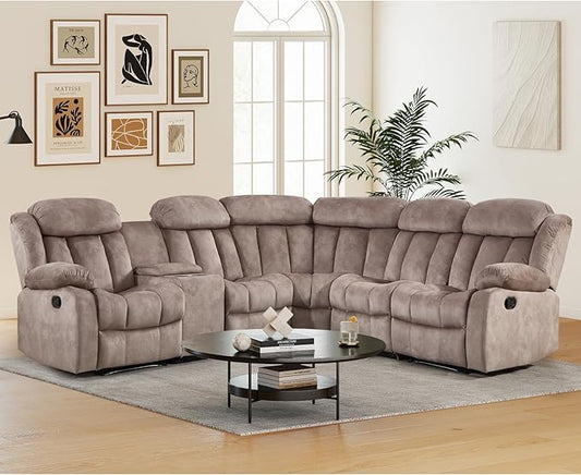 EBELLO Manual Reclining L-Shaped Sectional Sofa Set, Soft Fabric Corner Couch with Center Console, Cup Holders and Storage – Perfect Living Room Home Set Furniture, Light Brown