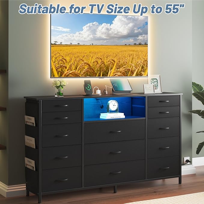 HCHQHS Dresser for Bedroom with 13 Drawers, 47 Inch Fabric Dresser with Remote Control Lights, Side Pockets & Hooks for Closet or Large TV Stand (Black)