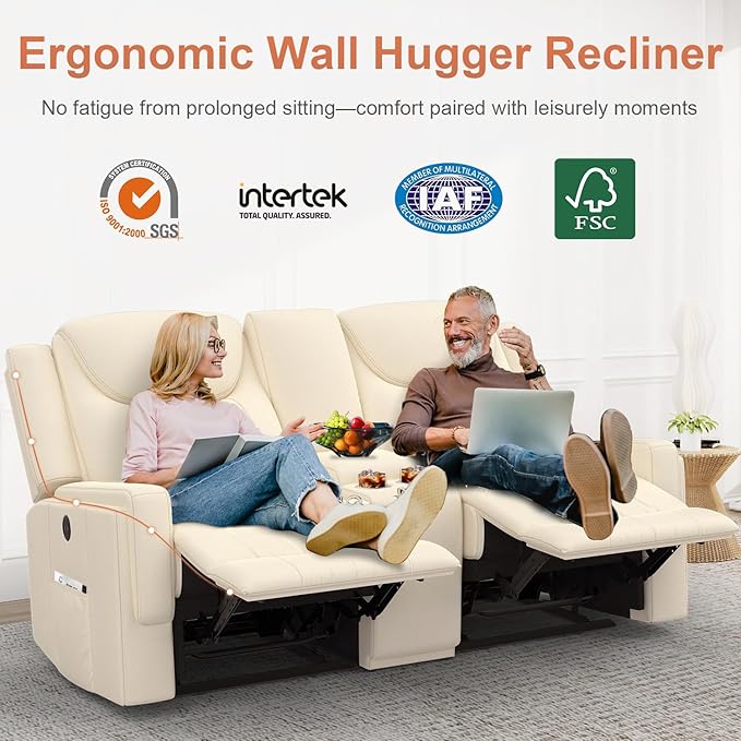 Dresegmt Loveseat Recliner Sofa, Beige PU Leather Double Recliner Loveseat with Console, Cup Holders, Storage & USB Ports, Ergonomics，Manual Reclining Sofa Couch for Living Room, RV