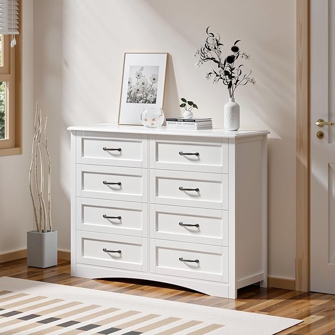 Gizoon 8 Drawer Dresser for Bedroom，Larger Chest of Drawers with Mental Handle for Kids Room, White Dresser with 8 Storage Drawers for Living Room, Entryway and Hallway, White