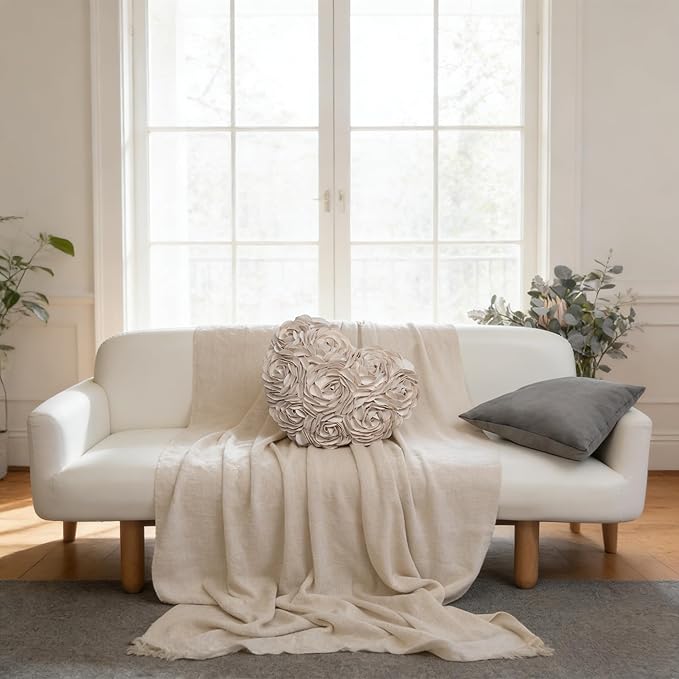 JWH Heart Flower Throw Pillow Covers Decorative Floral Shaped Accent Cushion Soft Pillowcase for Sofa Couch Living Room Bed Chair 14x16 Inches Creamy White
