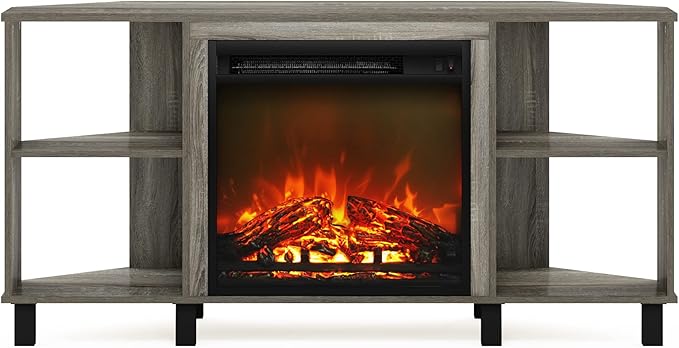 Furinno Jensen Corner Fireplace TV Stand with 4 Open Compartments for TV up to 55 Inches, French Oak Grey