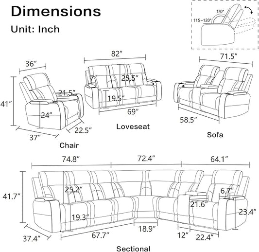 Power Leather Recliner Sectional Sofa with LED Light,L Shaped Reclining Couch with USB Charger/Cup Holder/Storage,Leather Sofa for Living Room Furniture Sets(Beige,Sectional+1 Seat)