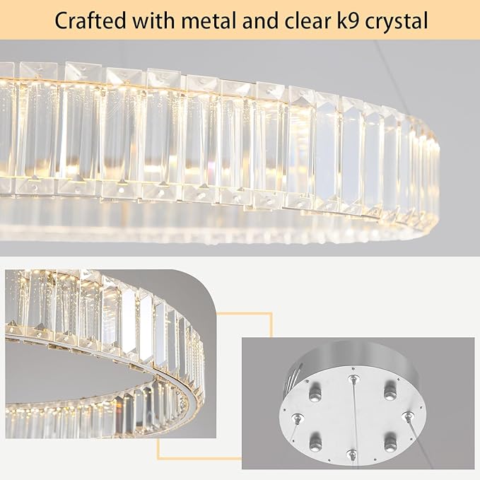 24''+32''+40'' Modern Ring Chandelier Crystal Chandeliers for Dining Room Round LED Dimmable Ceiling Light Fixture for Living Room Bedroom Lighting Silver