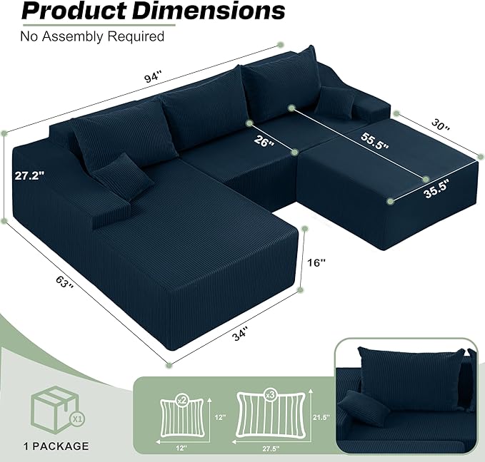HABUTWAY 94“ U Shaped Modular Sectional Couch for Living Room, Modular Cloud Sofa with Ottoman, No Assembly Boneless Couches with Deep Seat, Corduroy Fabric (Blue, Left Facing)