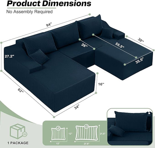 HABUTWAY 94“ U Shaped Modular Sectional Couch for Living Room, Modular Cloud Sofa with Ottoman, No Assembly Boneless Couches with Deep Seat, Corduroy Fabric (Blue, Left Facing)