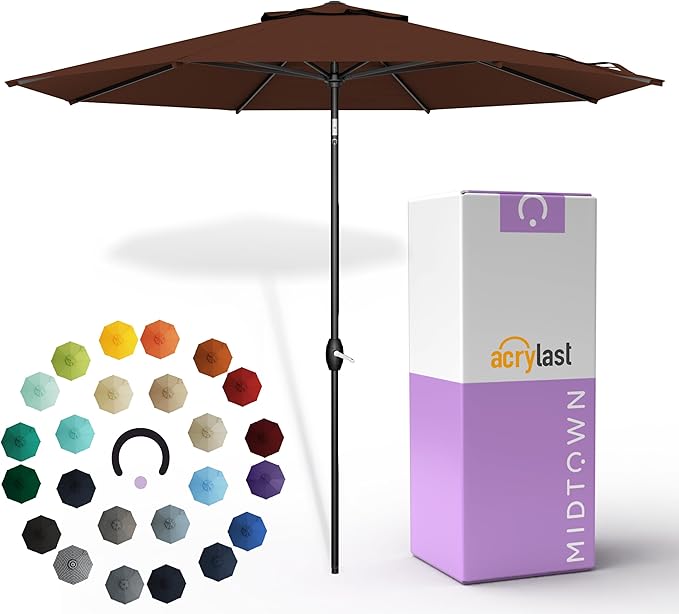 Midtown Umbrellas – The Lean 9 Ft Patio Umbrella with 10-Year-No-Fade Acrylast Acrylic Fabric, Auto-Tilt and 8 Reinforced Ribs for Deck, Pool, Garden, Hotel & Cafes – Cedar Wood Canopy, Black Pole