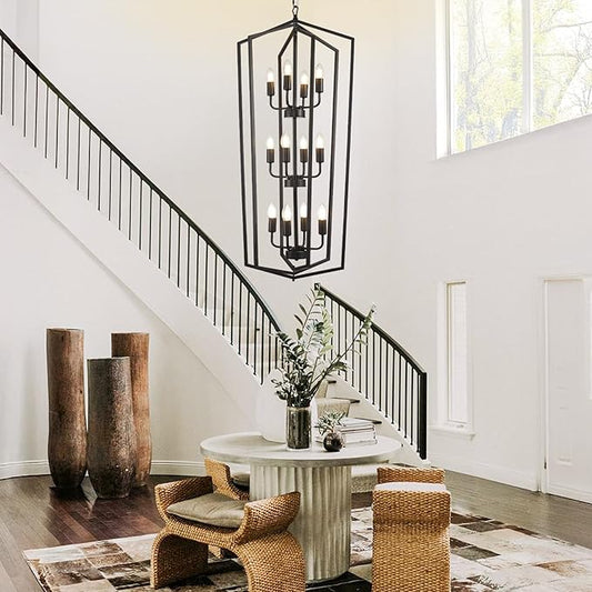 WJShome Modern Black Chandelier, 12-Light Tiered Pendant Light Fixtures, Long Chandeliers for High Ceilings, Farmhouse Foyer Lighting Fixtures, for Living Room, Staircase, Entryway