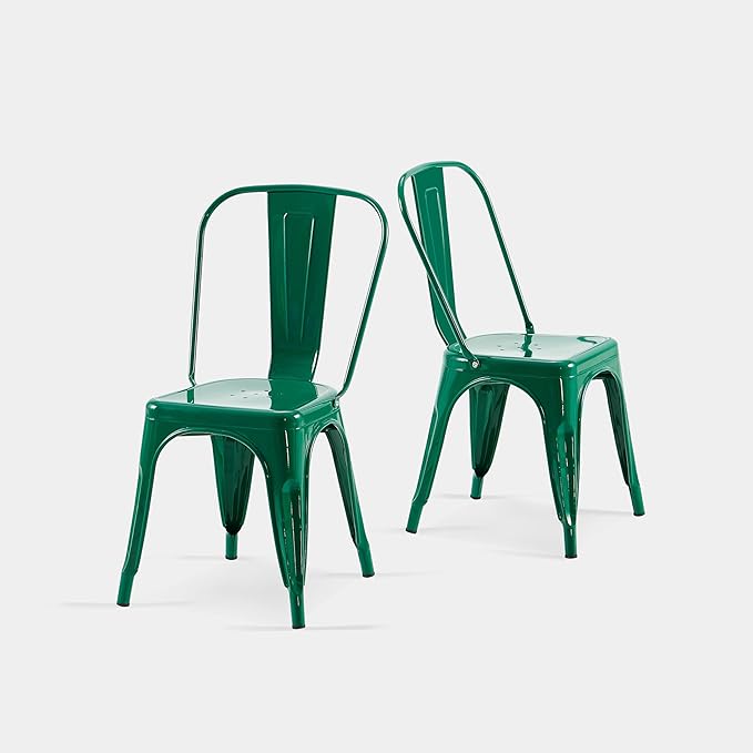 AC Pacific 18 Inch Seat Height Industrial Metal Dining Chairs, Stackable Kitchen or Bar Seat, Durable Modern Design, Versatile Accent Furniture, Set of 2, Green