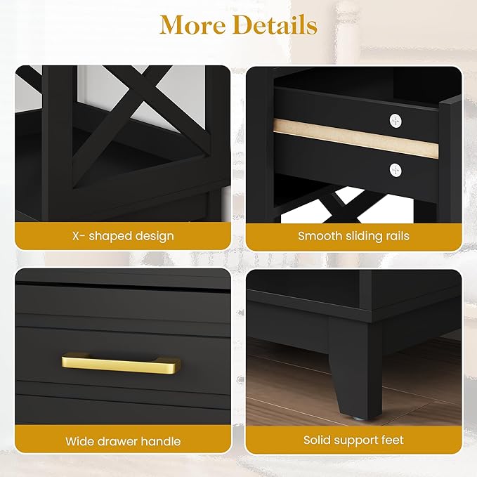 Black Nightstand Set of 2, Tall Side Table with 2 Drawers and Open Shelf, Bedside Table with Solid Feet, Modern End Table for Bedroom, Home Office, Black