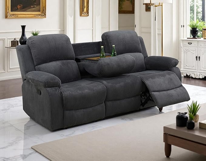 Modern Manual Reclining Sofa 3 Seater Fabric Recliner Couch Living Room Couch with Dual Cup Holders and Drop Down Table for Living Room/Office/Rv Car (Grey, 3 Seater Sofa)