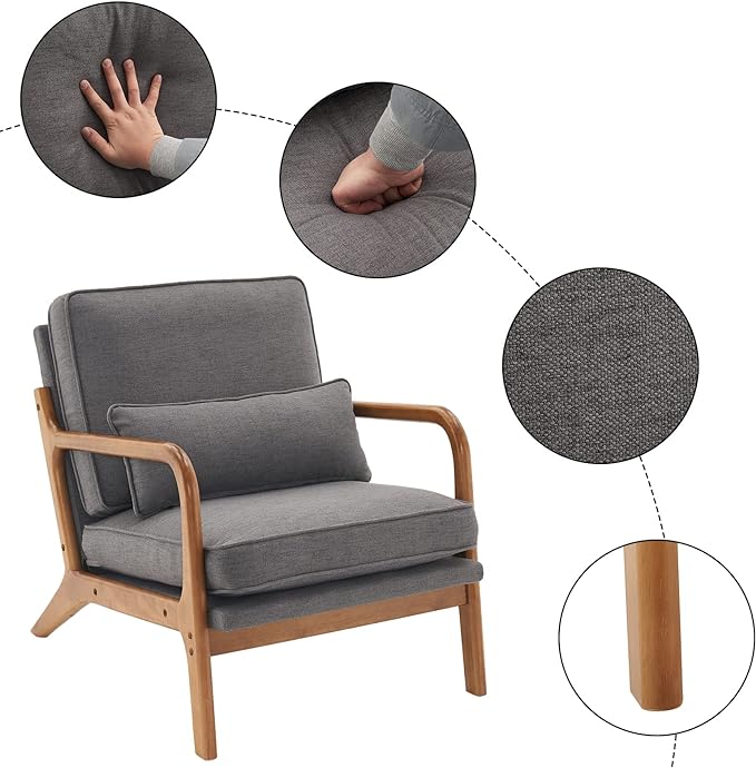 Bonnlo Linen Dark Grey Accent Chairs Set of 2, Upholstered Mid Century Modern Lounge Chairs Reading Chairs Side Sitting Chair Solid Wood Farmhouse Armchairs for Living Room, Bedroom, Guest Room