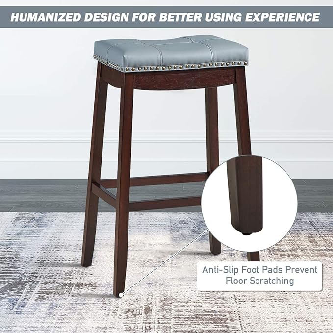 COSTWAY Bar Stools Set of 2, 29-Inch Height Backless Counter Stool with Footrest, Soft Seat Cushion, Wood Legs and Non-Slip Foot Pad, Saddle Stools for Home Kitchen Living Room, Stone Gray+Dark Brown