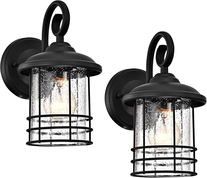 MICSIU 9.8" Textured Black Outdoor Wall Light 2 Pack, 5.5" Wide Exterior Wall Lantern Light with E26 Based Socket, Clear Seedy Glass Exterior Wall Light for House, Entryway, Patio, Garage, Doorway