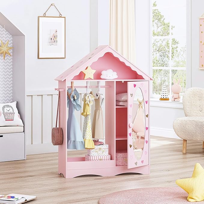 UTEX Kids Dress Up Storage with Mirror, Kids Wardrobe Closet, Dress Up Armoire for Little Girls, Open Hanging Costume Organizer with Storage Cabinet for Kids Room, Playroom | with Mirror, for Little Girls, Open Hanging, Costume Organizer, with Storage ...