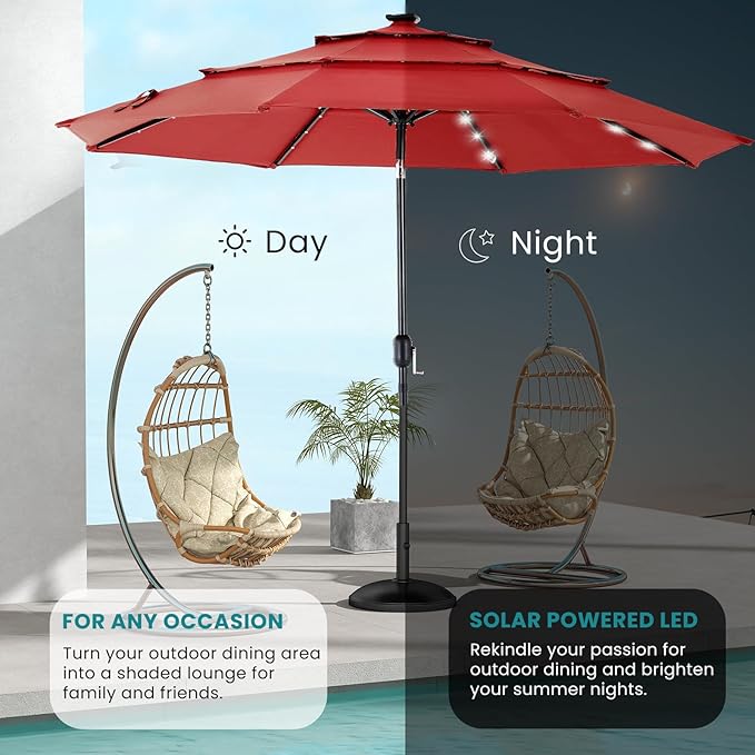 DUMOS 10FT 3 Tier Patio Umbrella with 32 LED Lights, 8 Ribs Outdoor Table Umbrella with Crank, Waterproof Market Umbrella for Pool, Beach, Terrace and Outdoor Restaurant, Red