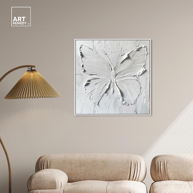 Art Remedy White Butterfly Canvas Elegant White Gold Wall Art, White Frame, 30" x 30"
