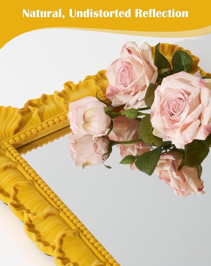 Mirror Wall Decor with Resin Leaf Frame and Flocking Finish for Warm Room Makeover, 14x12 Decorative Wall-Mounted Mirror for Bathroom Hallway Entryway Staircase Art Gallery (Yellow-Orange)