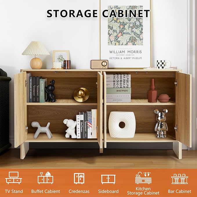 Modern Accent Buffet Cabinet with Adjustable Shelves, Storage Cabinet with 4 Doors, Modern Sideboard Buffet Cabinet, Freestanding Sideboard with Fluted Doors for Kitchen and Living Room (Black)