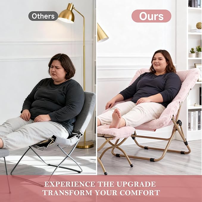 Dorm Chair with Ottoman, X-Large Soft Saucer Chair, Oversized Folding Faux Fur Accent Chair, Foldable Metal Frame Chair for Bedroom, Living Room (Pink)