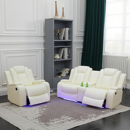 Power Recliner Sofa Set for Living Room, Leather Reclining Sofa Sets with Storage Console, Living Room Furniture Sets with LED Lights(Loveseat and Chair,Creamy)