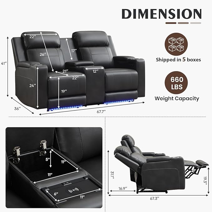 Power Reclining Loveseat with Console/Wireless Charging, Power Loveseat Recliner Sofa with Power Headrest/LED Light/Armrest Storage, Wall Hugger Reclining Loveseat(Dark Grey, 2 Seater)
